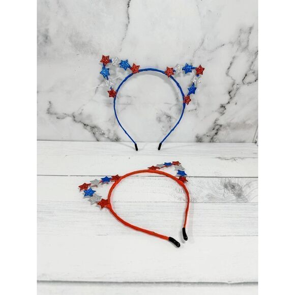 4th of July Patriotic Red & Blue Glitter Stars Cat Ears Headband - Picture 1 of 4